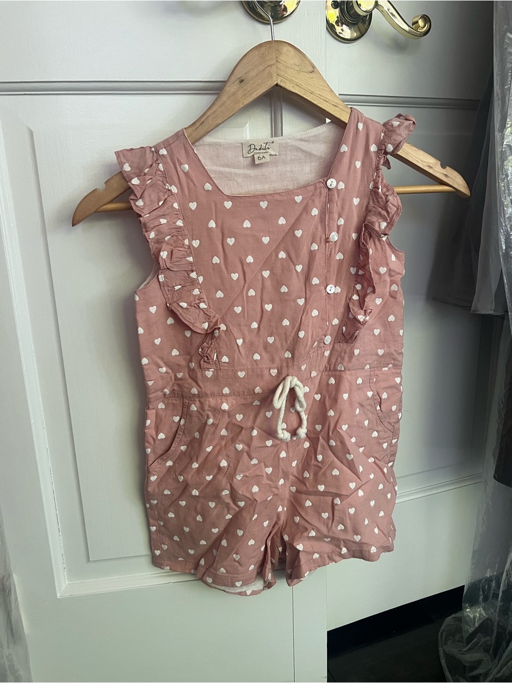 Girls' Pink Heart-Print Romper with Ruffle Straps